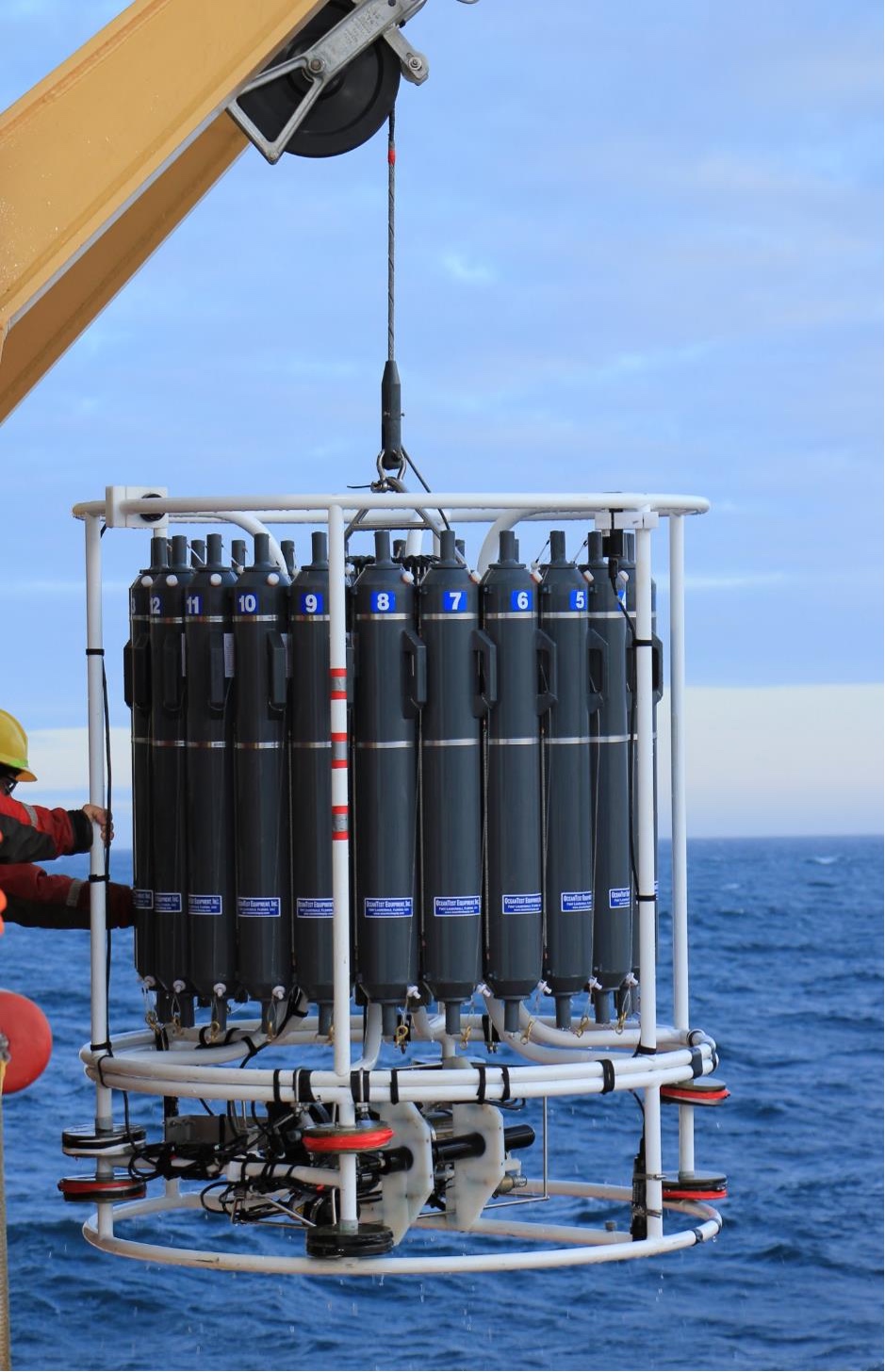 PeCaBeauweb CTD and rosette as it comes up from the water